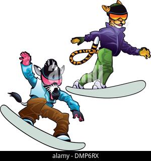 Les animaux de la savane sur le snowboard. Illustration de Vecteur