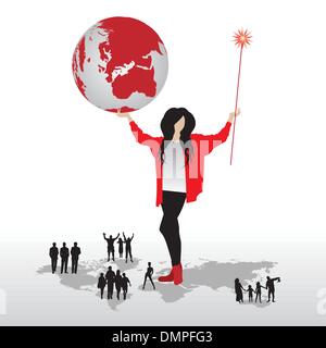 Femme avec globe, des silhouettes de personnes sur word map Illustration de Vecteur