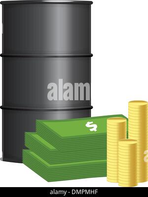 Le baril de pétrole avec pile de pièces d'argent et Illustration de Vecteur