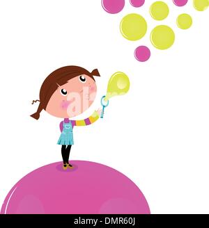 Cute little Girl blowing Soap bubbles isolated on white Illustration de Vecteur