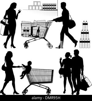 Plusieurs personnes, shopping - vector silhouettes Illustration de Vecteur