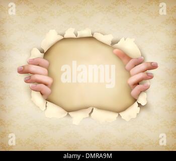 Vintage avec mains montrant à travers un trou dans de vieux pa Illustration de Vecteur