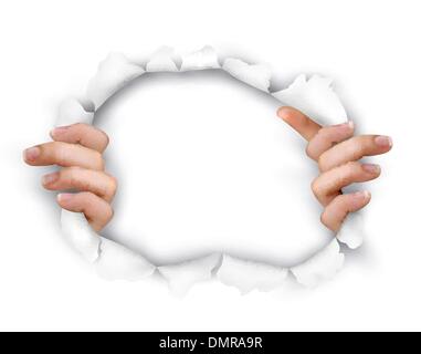 Arrière-plan avec mains montrant à travers un trou de dans du papier blanc. V Illustration de Vecteur