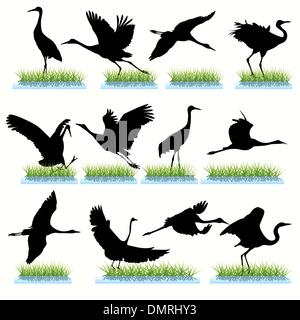 Jeu de silhouettes de grues Illustration de Vecteur