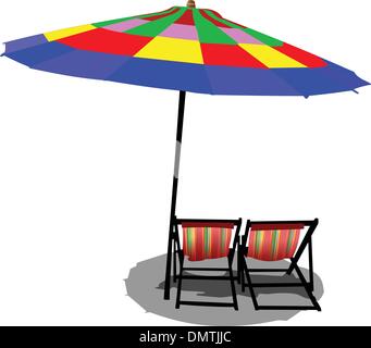 Deux chaises de plage et parasol sur la plage de couleur Illustration de Vecteur