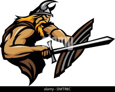 Norseman Viking Mascot poignardant avec épée et le bouclier d'image vectorielle Illustration de Vecteur