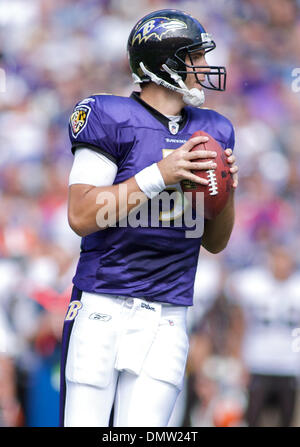 27 septembre 2009 - Baltimore, Maryland, États-Unis - 27 septembre 2009 : Baltimore Ravens Joe Flacco # 5 au cours de la Baltimore Ravens vs Cleveland Browns jeu à M&T Bank Stadium à Baltimore, Maryland, dans laquelle les corbeaux a gagné 34-3 à l'aller 3-0 dans la saison 2009. (Crédit Image : © Global/ZUMApress.com) Southcreek Banque D'Images