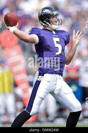 27 septembre 2009 - Baltimore, Maryland, États-Unis - 27 septembre 2009 : Baltimore Ravens Joe Flacco # 5 au cours de la Baltimore Ravens vs Cleveland Browns jeu à M&T Bank Stadium à Baltimore, Maryland, dans laquelle les corbeaux a gagné 34-3 à l'aller 3-0 dans la saison 2009. (Crédit Image : © Global/ZUMApress.com) Southcreek Banque D'Images