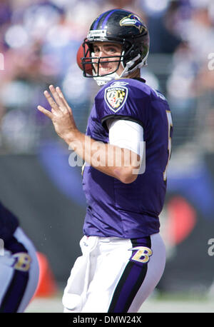 27 septembre 2009 - Baltimore, Maryland, États-Unis - 27 septembre 2009 : Baltimore Ravens Joe Flacco # 5 au cours de la Baltimore Ravens vs Cleveland Browns jeu à M&T Bank Stadium à Baltimore, Maryland, dans laquelle les corbeaux a gagné 34-3 à l'aller 3-0 dans la saison 2009. (Crédit Image : © Global/ZUMApress.com) Southcreek Banque D'Images