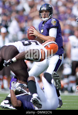 27 septembre 2009 - Baltimore, Maryland, États-Unis - 27 septembre 2009 : Baltimore Ravens Joe Flacco # 5 au cours de la Baltimore Ravens vs Cleveland Browns jeu à M&T Bank Stadium à Baltimore, Maryland, dans laquelle les corbeaux a gagné 34-3 à l'aller 3-0 dans la saison 2009. (Crédit Image : © Global/ZUMApress.com) Southcreek Banque D'Images