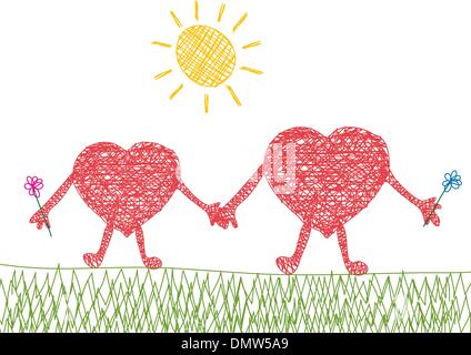 Valentine vecteur dessin de deux coeurs dans l'amour Illustration de Vecteur