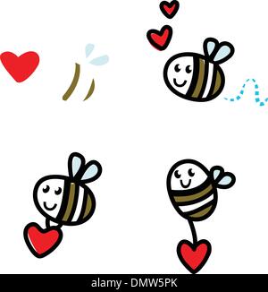 Vol Cute bee doodle set avec Saint Valentin coeur rouge┬á isolated on white Illustration de Vecteur