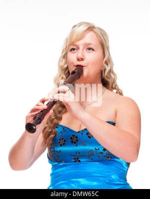 Femme en robe bleu musicien jouant de la Flûte - Isolated on White Banque D'Images