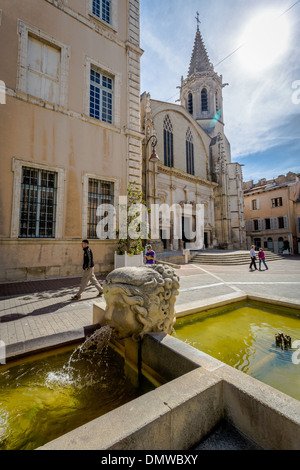 Fontaines et de la Cathédrale, Place Charles de Gaulle à Carpentras, France. L'Europe. Banque D'Images