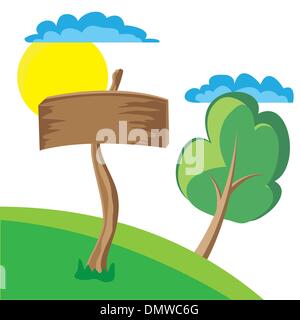 Planche en bois signe avec les nuages, soleil et arbre Illustration de Vecteur