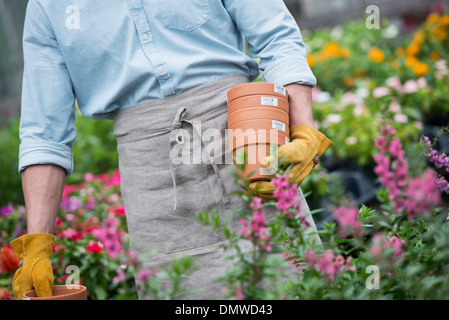 Une pépinière de fleurs biologiques. Un homme portant des pots. Banque D'Images