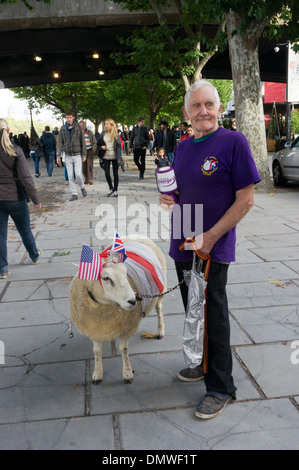 Amy le mouton, mascotte du St George's Hospital Tooting, recueillir avec son gestionnaire sur London's South Bank. Banque D'Images