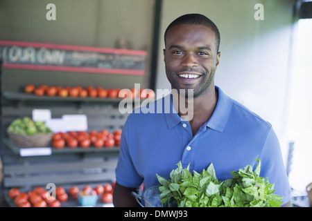 Une ferme de fruits et légumes biologiques. Un homme portant des légumes. Banque D'Images