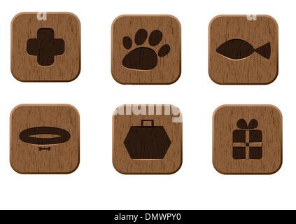 Pet Shop icons set en bois Illustration de Vecteur