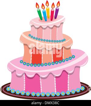 Big vector birthday cake with burning candles Illustration de Vecteur