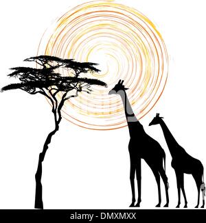 Paysage africain de la flore et de la faune dans l'heure du coucher du soleil avec les girafes. Illustration de Vecteur