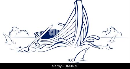 Bateau en bois avec l'aileron de requin Illustration de Vecteur
