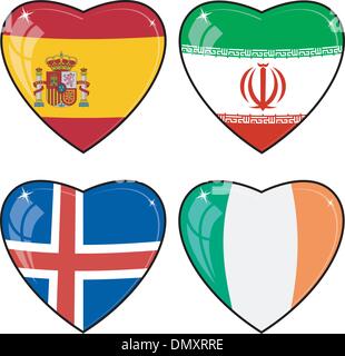 Ensemble d'images vectorielles des coeurs avec les drapeaux de l'Iran, l'Irlande, Illustration de Vecteur