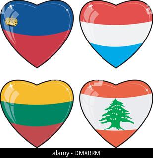 Ensemble d'images vectorielles des coeurs avec les drapeaux du Liban, Luxembourg Illustration de Vecteur