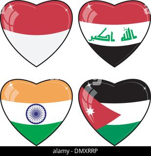 Ensemble d'images vectorielles des coeurs avec les drapeaux de l'Inde, Indones Illustration de Vecteur