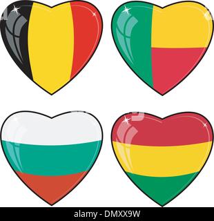 Ensemble d'images vectorielles des coeurs avec les drapeaux de Belgique, Bénin, Illustration de Vecteur