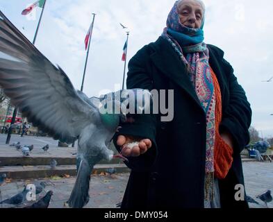 London, UK, UK. 25Th Dec 2013. Une femme roumaine rss pigeons à Marble Arch. Le 1er janvier 2014, les travailleurs roumains et bulgares ont les mêmes droits de travail que les citoyens britanniques. Dans le cadre de ''règles'' transitoires introduites lorsque ces deux pays ont rejoint l'UE en 2007, ils ne pouvaient que travailler au Royaume-Uni faire emplois saisonniers comme la cueillette des fruits ou s'ils sont travailleurs autonomes. © Gail Orenstein/ZUMAPRESS.com/Alamy Live News Banque D'Images