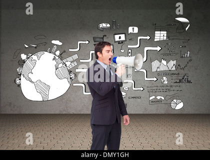 Image composite de standing businessman shouting through a megaphone Banque D'Images