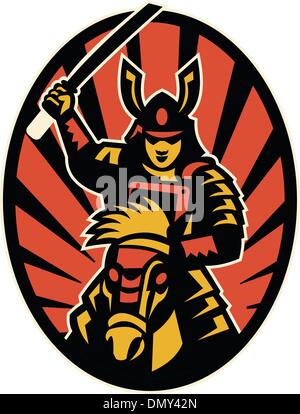 Samurai Warrior Riding Horse Katana Illustration de Vecteur