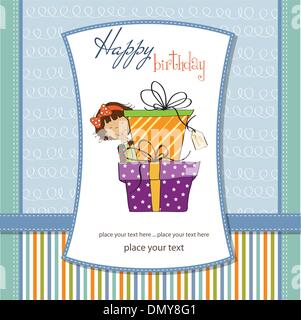 Cute little girl cachée derrière des boîtes de cadeaux. joyeux anniversaire carte de souhaits Illustration de Vecteur