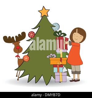 Jolie jeune fille avec beaucoup de boîte de cadeau de Noël Illustration de Vecteur