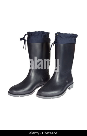 Nouvelles bottes en caoutchouc bleu foncé isolé sur fond blanc Banque D'Images