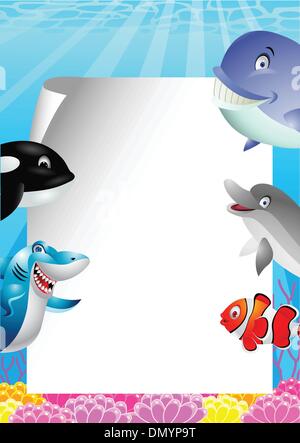 Sea life caricature avec blank sign Illustration de Vecteur