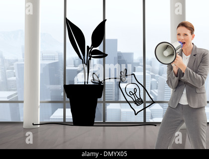 Image composite de businesswoman talking on a megaphone Banque D'Images