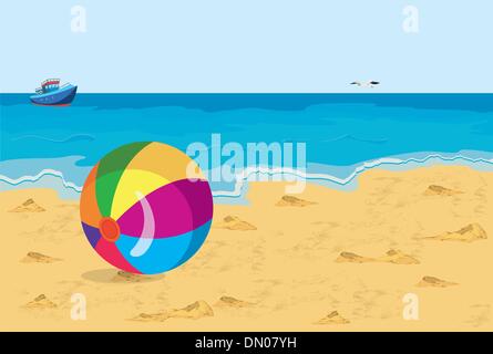 Grosse boule colorée sur la plage seagull et expédier Illustration de Vecteur