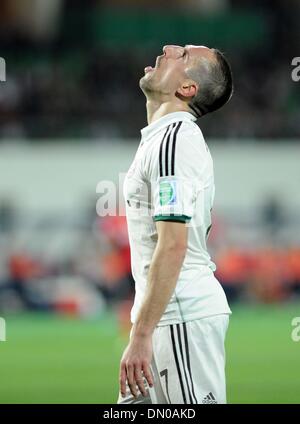 Agadir, Maroc. 25Th Dec 2013. Le Bayern Munich Franck Ribery réagit pendant le match entre Guangzhou Evergrande et le Bayern de Munich à l'FIFA 2013 Coupe du Monde de Soccer Club match à Agadir, Maroc, le 17 décembre 2013. Le Bayern Munich a remporté le match 3-0. Credit : Liu Dawei/Xinhua/Alamy Live News Banque D'Images