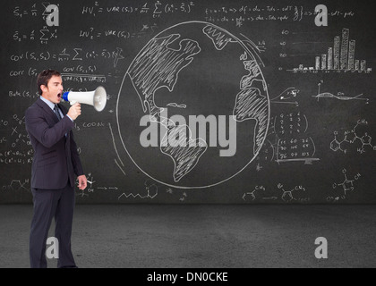 Image composite de standing businessman shouting through a megaphone Banque D'Images