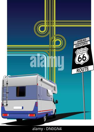 Couvrir pour brochure avec le camping-car et la sortie de l'image. La route 66 Illustration de Vecteur