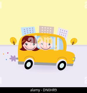 Cute kids in school bus sur la colline Illustration de Vecteur