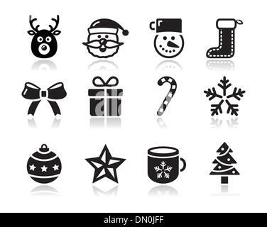 Noël icônes noires avec shadow set - santa, présent, arbre Illustration de Vecteur