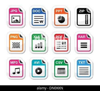 Les icônes de type de fichier en tant qu'étiquettes set - zip, pdf, jpg, doc Illustration de Vecteur