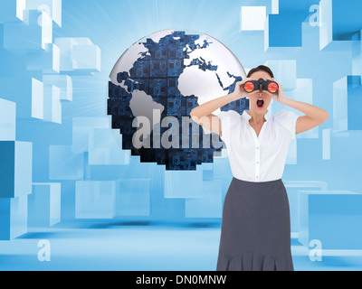 Composite image of businesswoman looking through binoculars Banque D'Images