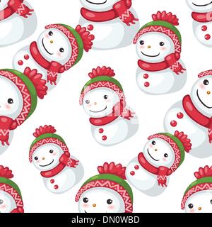 Cute smiling snowman avec écharpe rouge et chapeau vert sur fond blanc. Illustration de Vecteur