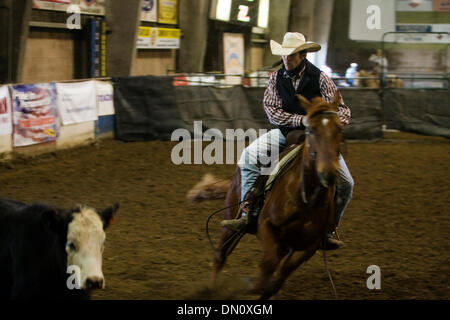 Le 28 janvier 2010 - Redding, Californie, USA - Cameron, Buckingham, 23 œuvres de Brentwood avec son bétail gelding Smart Lil' rendez-vous de la performance de Holman chevaux au Bull et Red Bluff vente Hongre..Nathan Morgan/enregistrement de projecteur. (Crédit Image : © Redding Record Searchlight/ZUMApress.com) Banque D'Images