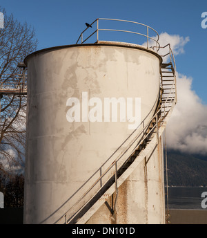 Réservoirs d'entreposage de combustible industriel dans la région de Haines en Alaska avec ciel bleu, nuages gonflés, et un corbeau assis sur le haut de la rambarde. Banque D'Images