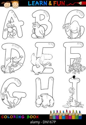 Alphabet Cartoon avec des animaux pour la coloration Illustration de Vecteur